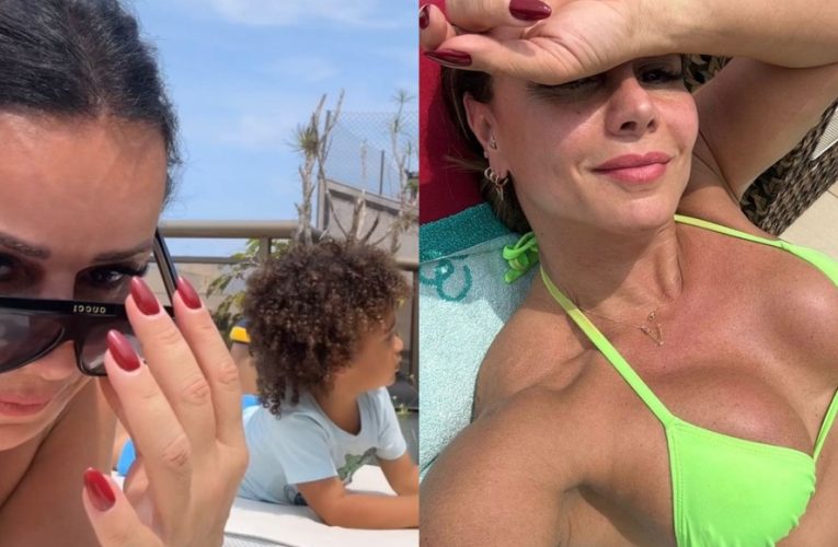 Viviane Araujo escolhe biquíni neon para aproveitar tarde com o filho na piscina